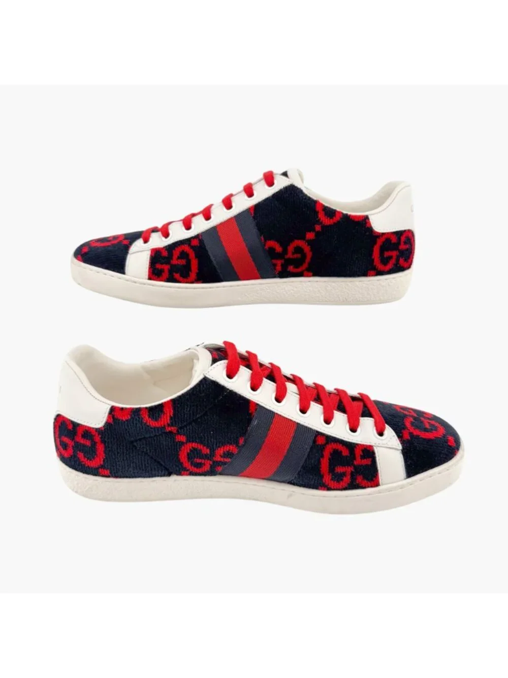 Gucci Ace Sneakers EU 38 US 8 Navy Blue & Red GG Monogram Corduroy Low Top Shoe